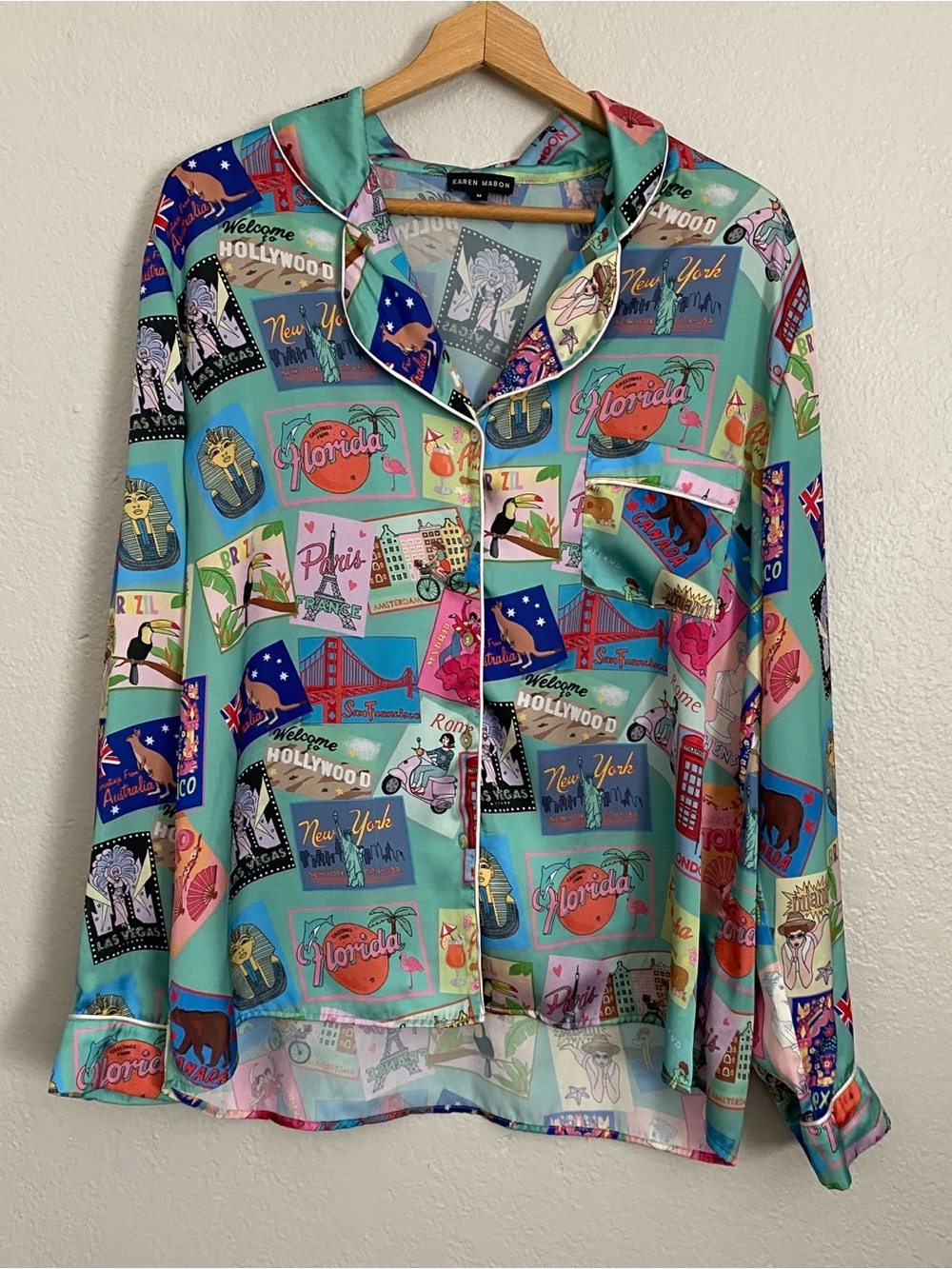 Karen Mabom Sleep Shirt Women’s M Teal Blue Travel Postcards Colorful Pajama Top
